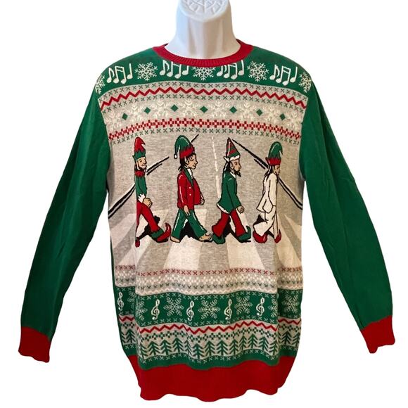 Ugly Christmas Sweater Beatles Elves on Abbey Road Crewneck Size Medium NWOT - Picture 1 of 5